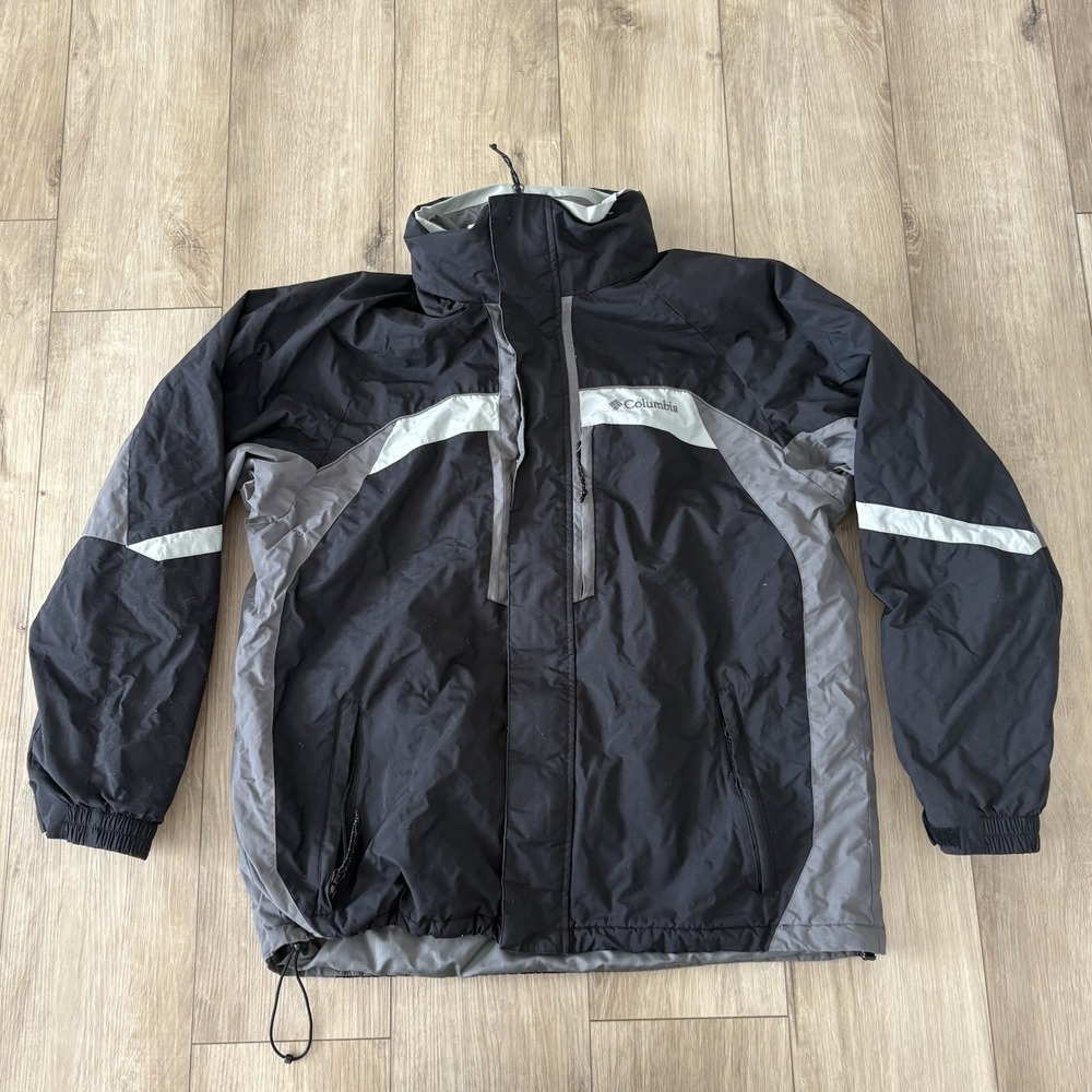 Columbia Jacket Mens Large Black Gray Hid Hood Lined Water‎ Resistant Nylon